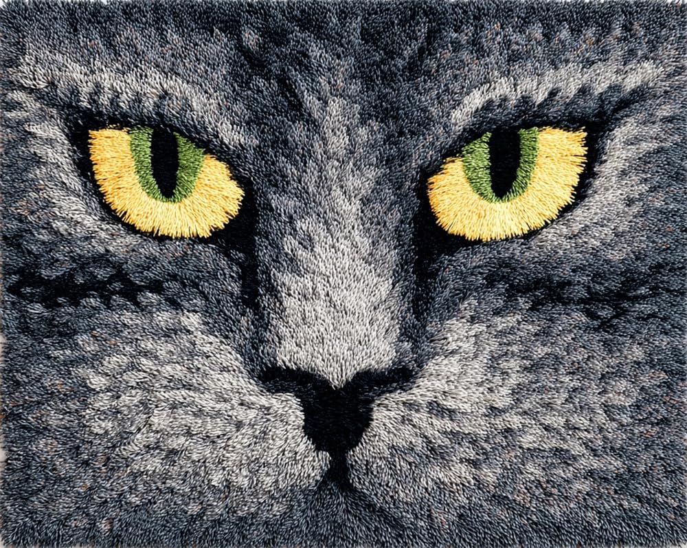 Latch Hook Rug Kits Cat Face Gray Christmas Rug Making Kits for Beginners Adults Tapestry Kits Embroidery Kits Craft Kit Carpet Doormat Creative Gift Home Decoration 39X55In