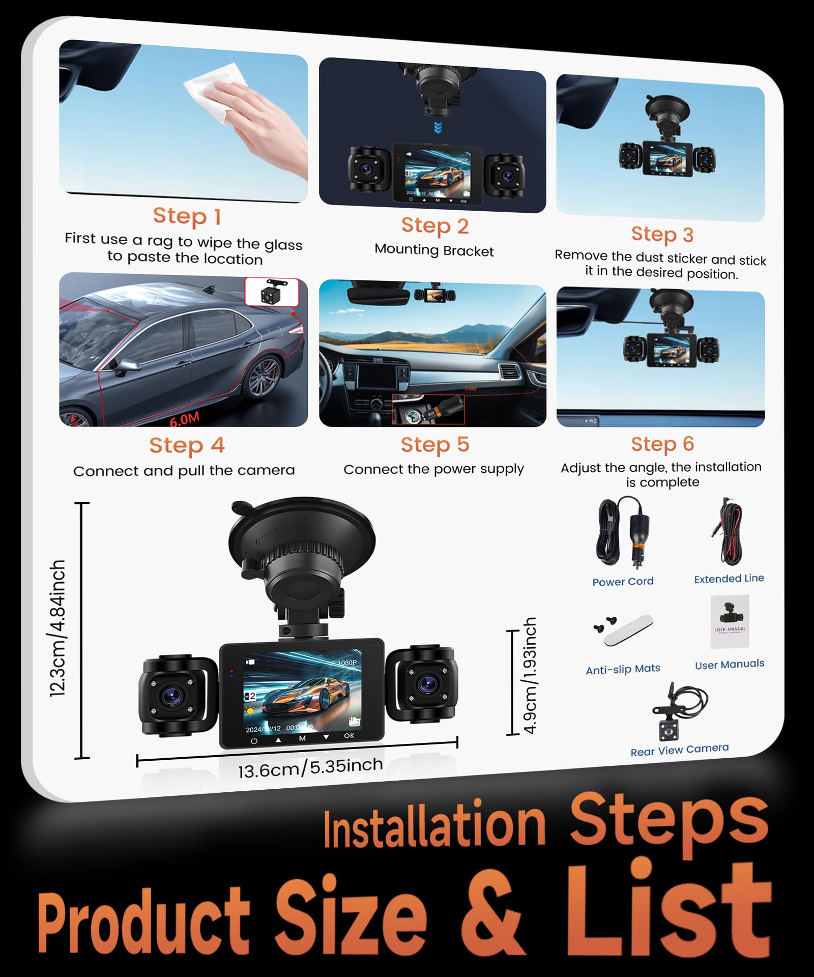 Rimoody 360° 4 Canali Dashcam Auto, 4 Telecamera HD 1080P Anteriore e Posteriore Sinistra Destra, 2.4 Pollici Schermo IPS Dash Cam con Visione Notturna IR/Loop video/24H Parcheggio Monitor/G-Sensore