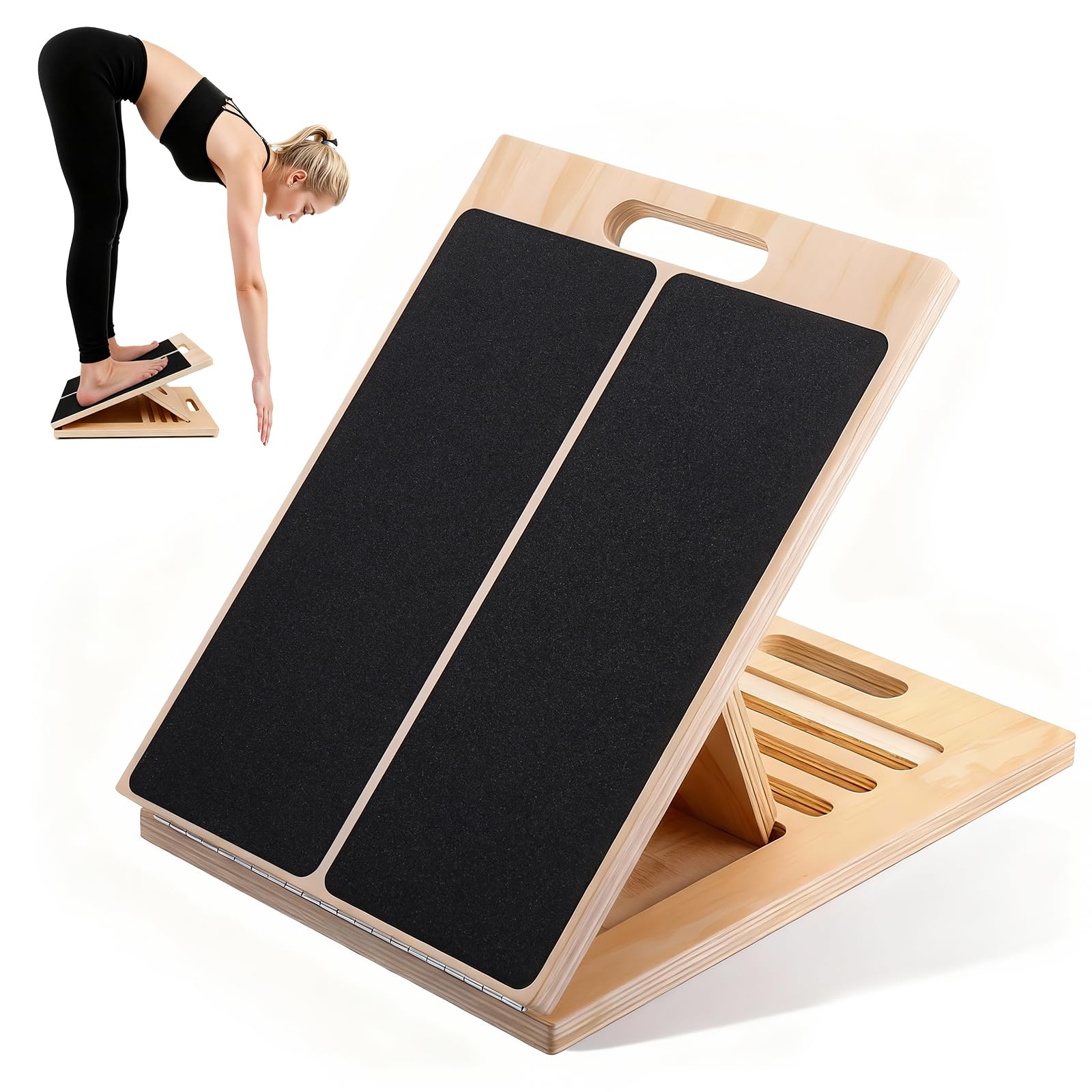 Tavoletta per Stretching in Legno Professionale con 5 Angoli Regolabili, Stretcher per Polpacci Antiscivolo, Solida Tavola di Equilibrio in Legno con Maniglia Portatile, per Casa, Palestra e Outdoor