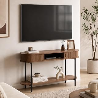 47" TV Stand with Sliding Fluted Doors & Lower Shelf, TV Console Table with Metal Legs, Media Entertainment Center for TVs up to 50 Inches, Sofa Table, Accent Cabinet for Living Room Bedroom (Walnut)