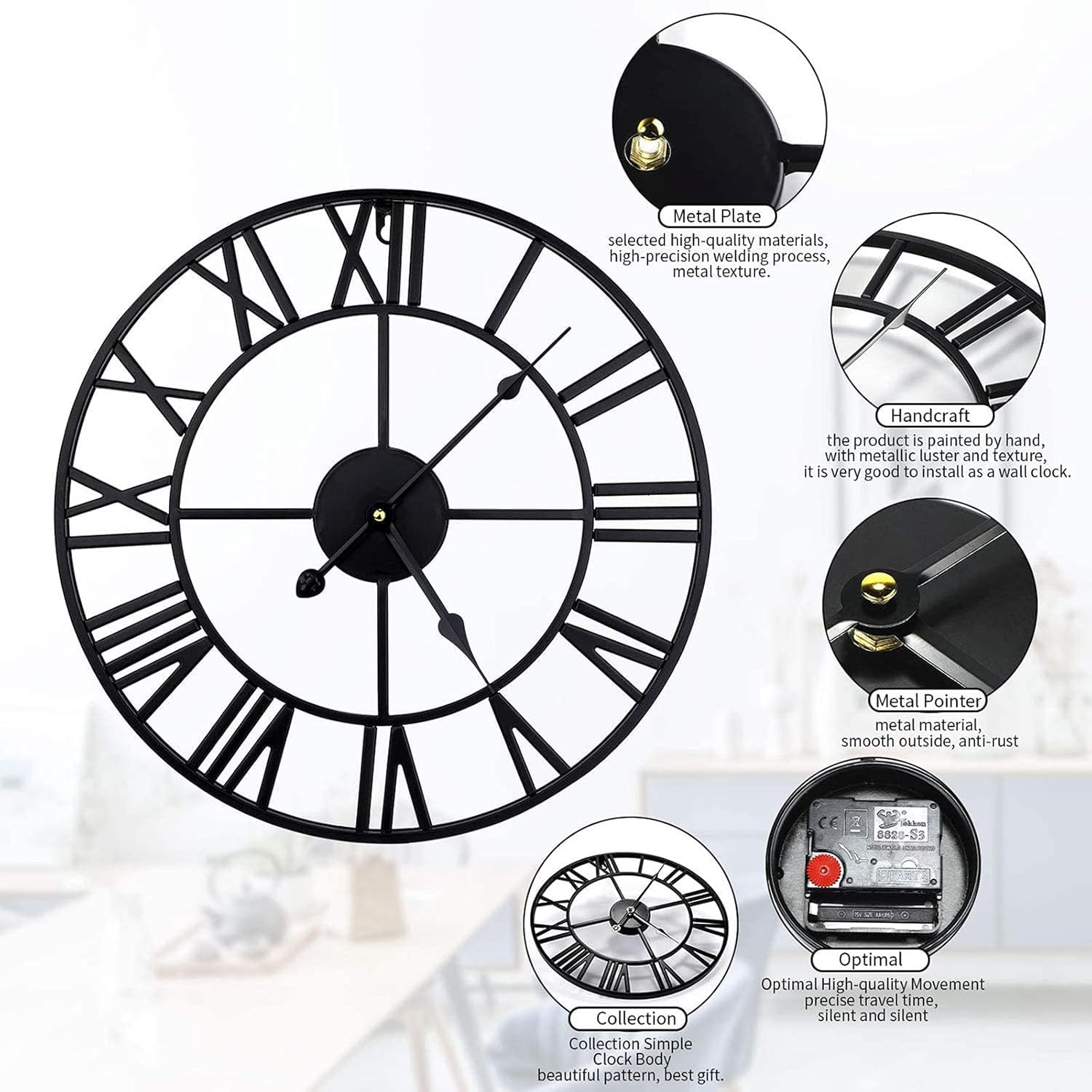 Orologio da Parete con Numeri Romani, Orologio da Parete in Metallo in Stile Industriale retrò, Orologio Silenzioso A Batteria per Soggiorno E Ufficio, Decorazione da Parete per La C, Black, 16 in
