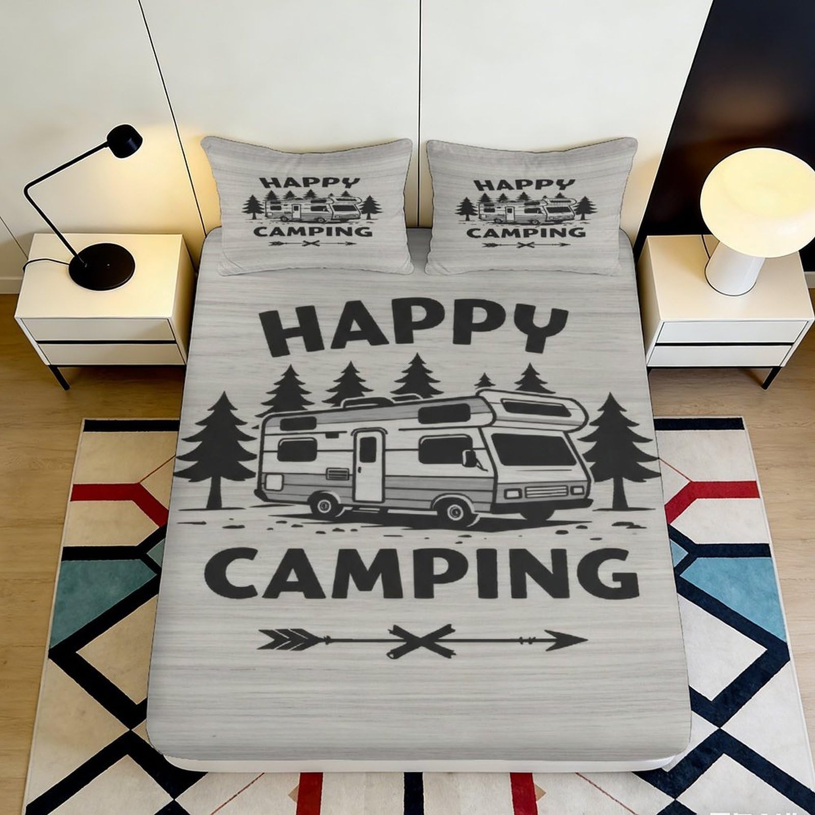 3D Printed Happy Camping Fitted Sheet Microfiber Soft Breathable Caravan Forest Bed Cover for Bedroom Dorm Decor 90x200x25cm
