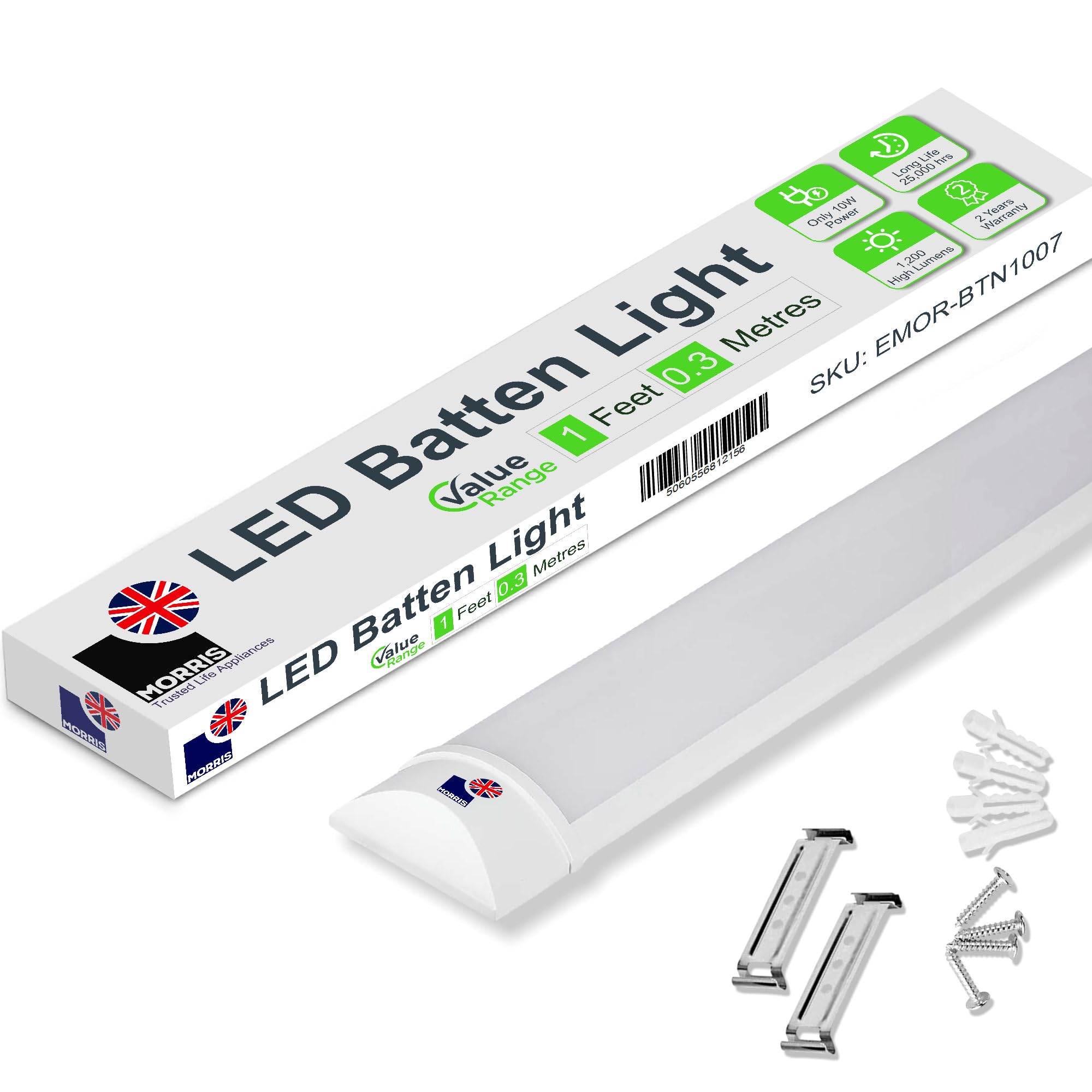 Morris White Led Batten Light 1Ft - 10W 1200Lm, Ip20 Rated, 6500K Daylight Single Energy-Efficient Light For Shelving, Utility Rooms, Workshops - Value Range