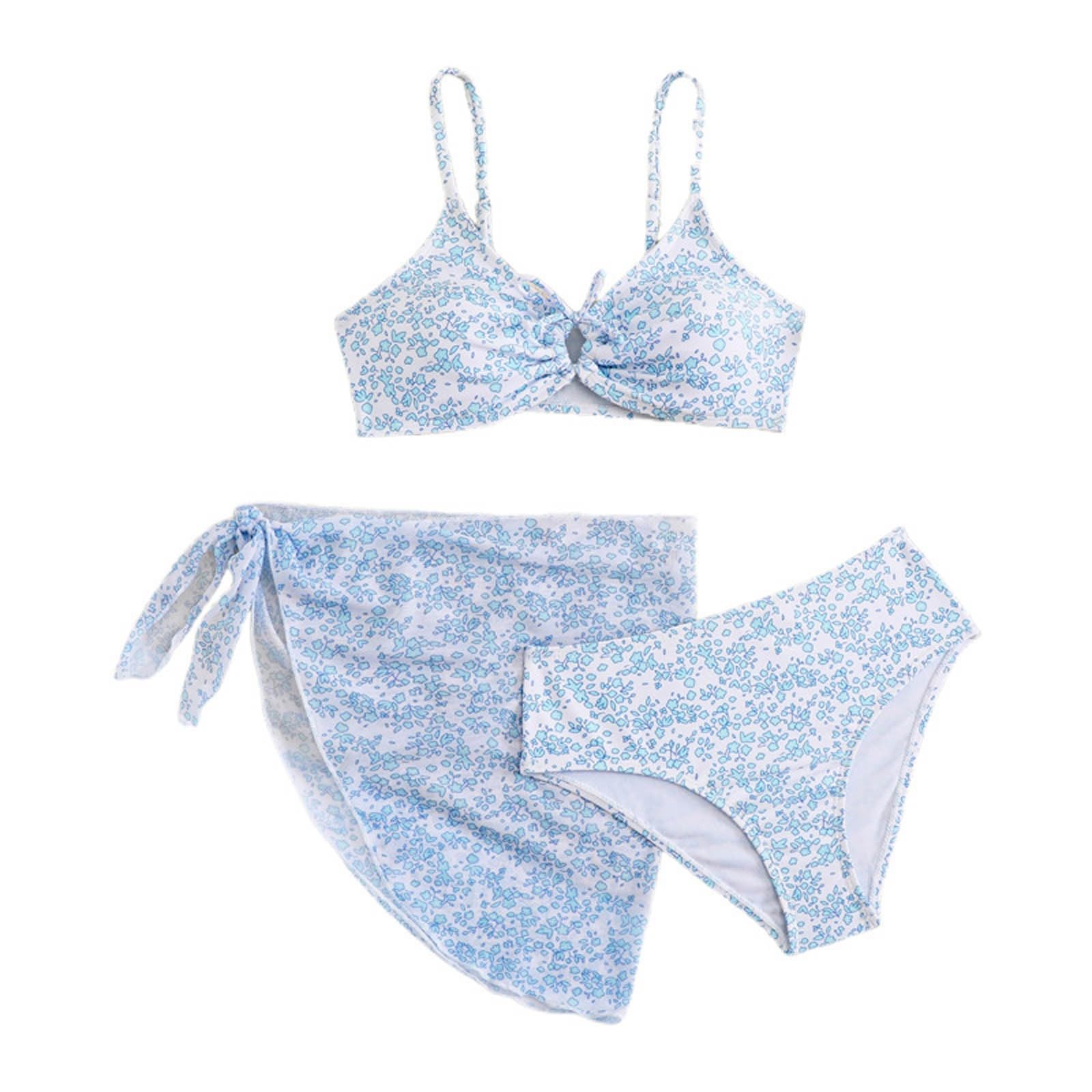 Generisch Disfraz de natación para niña, bonito traje de baño de tres piezas para niñas en verano con estampado cruzado, estampado teñido y estampado floral
