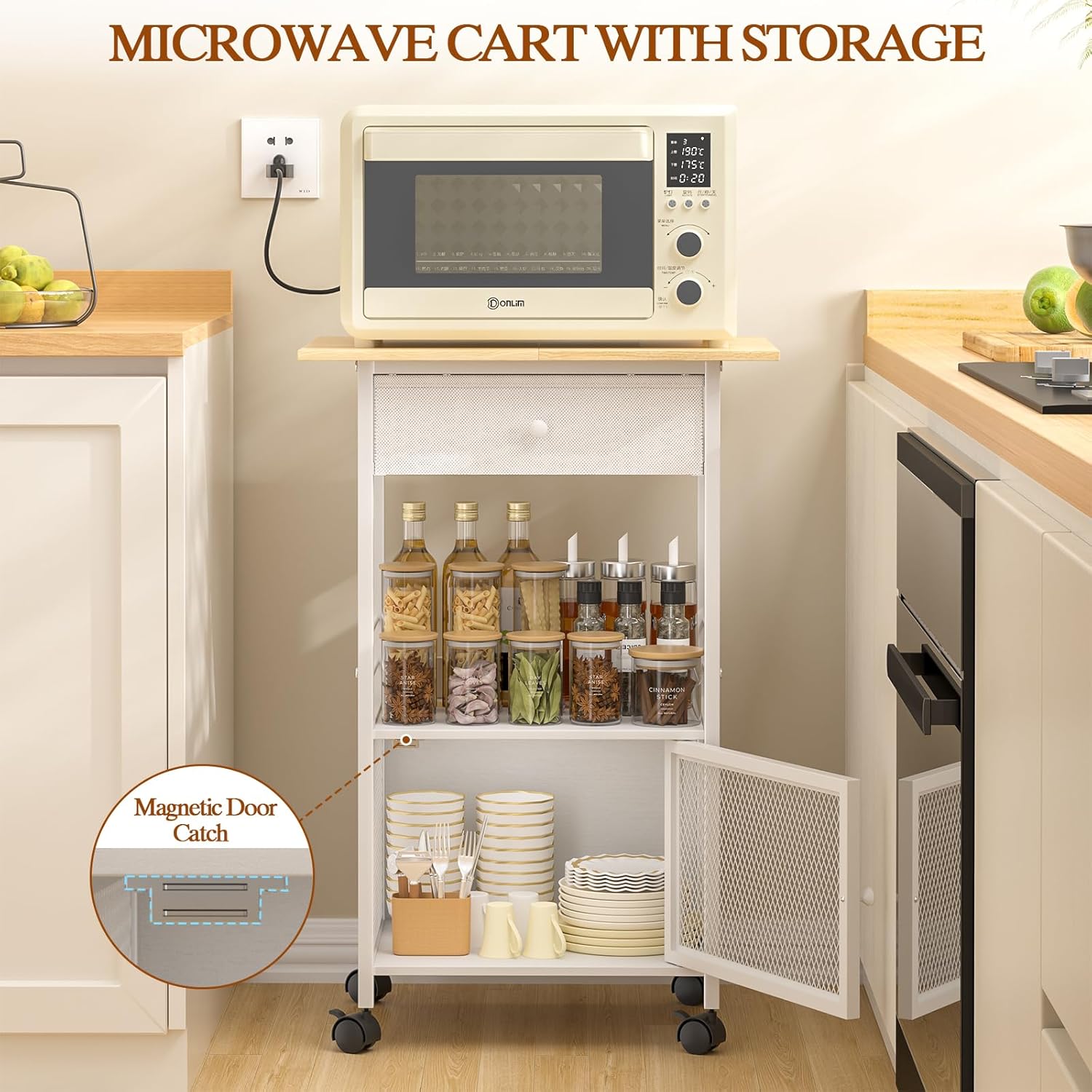 4 Tier Kitchen Island with Cabinet, Microwave Cart with Storage, Small Rolling Kitchen Cart with Drawer, Coffee Bar Station on Wheels for Living Room, White