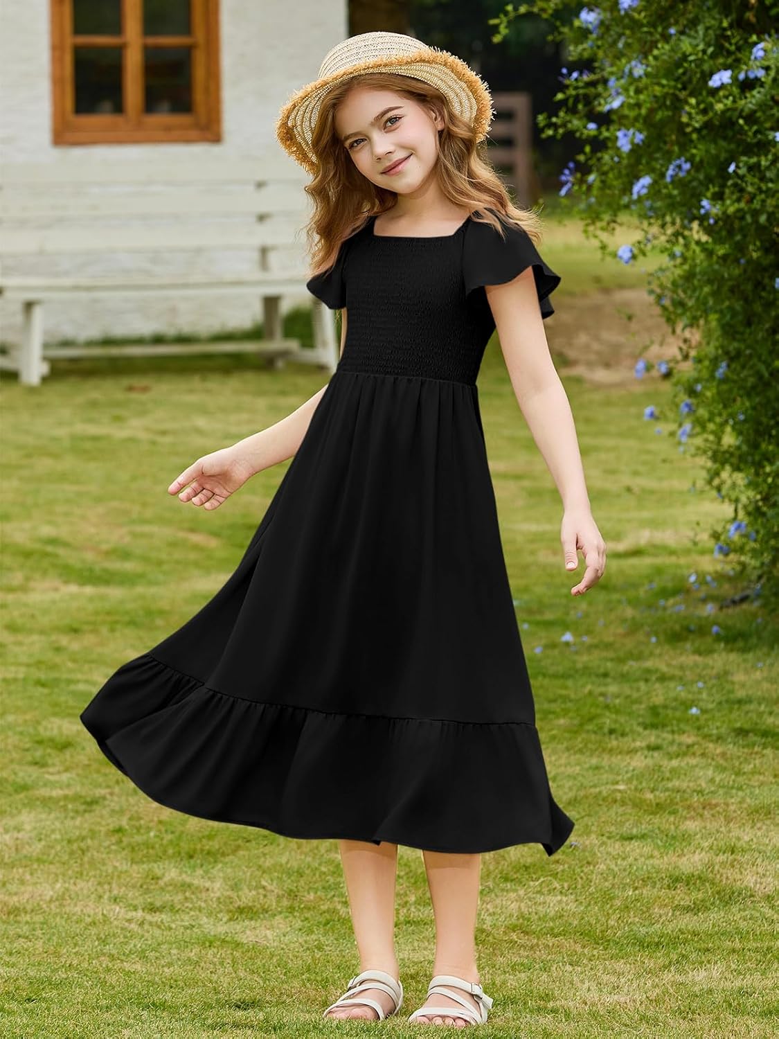 Haloumoning Girls Summer Dresses Kids Square Neck Ruffle Sleeve Smocked Midi Dress with Pockets 5-14 Years - Image 3