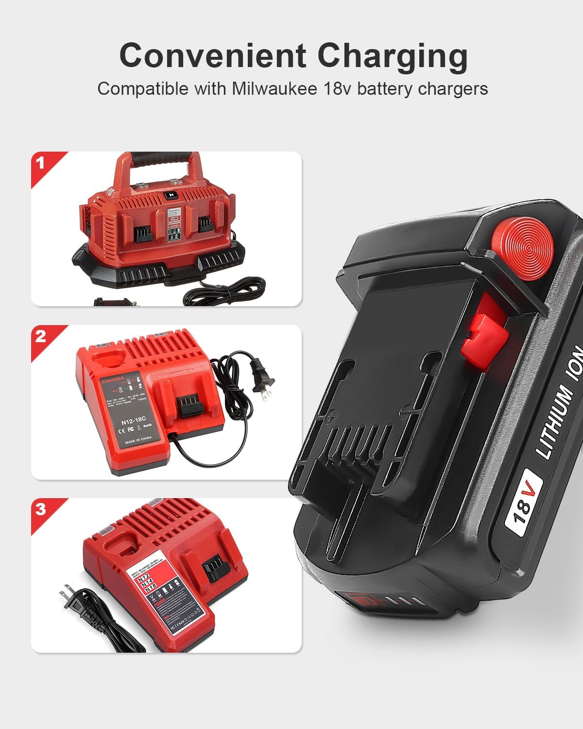 TeenPower Replacement for Milwaukee M18 Battery 3000mAh 2Pack 48-11-1820 48-11-1840 48-11-1850 48-11-1828 48-11-1862 48-11-1852 48-11-1812 - Image 5