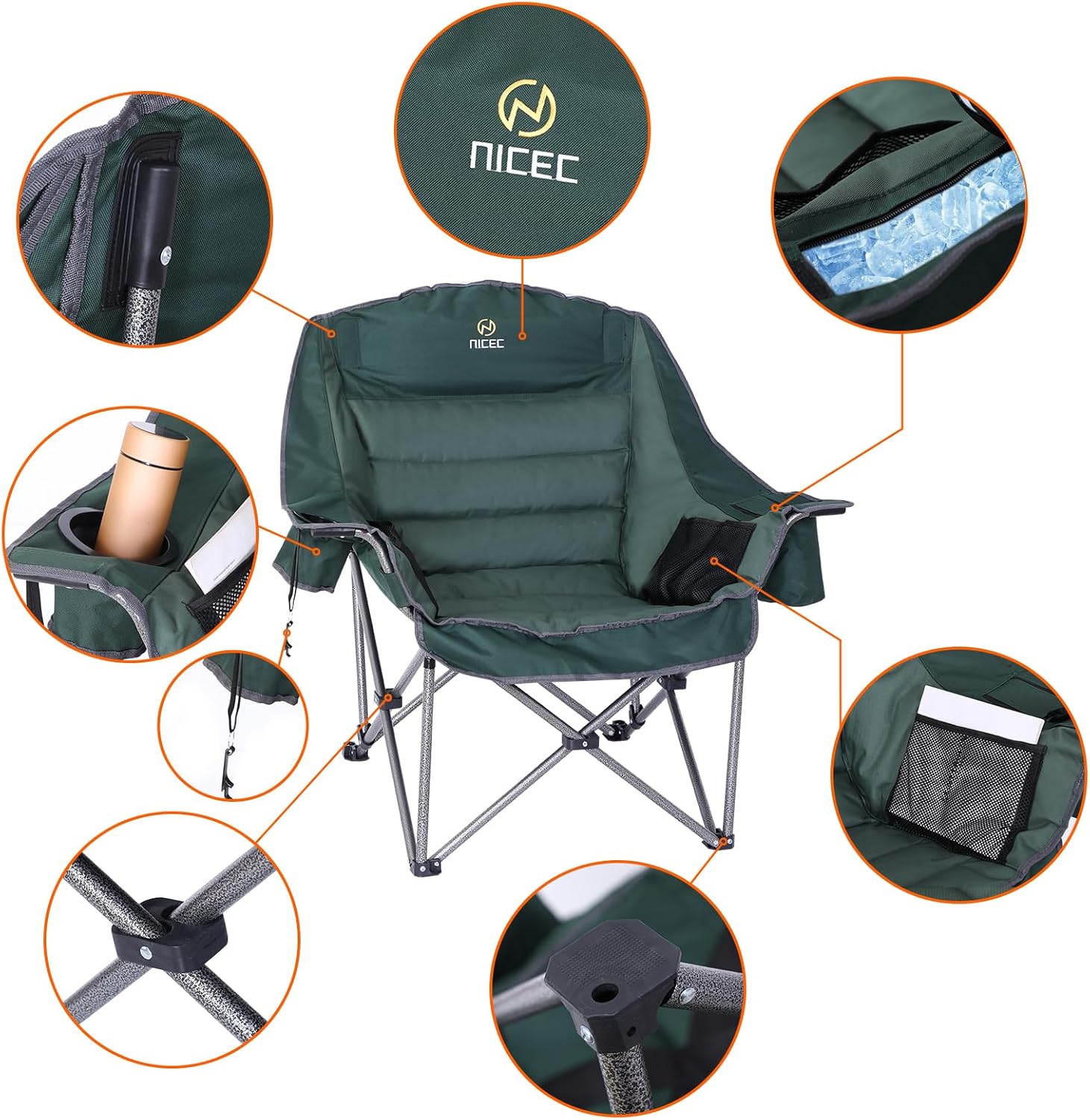Nice C Camping Chairs, Oversized XL Padded Camping Chair, Outdoor Chair, Lawn Chairs, Lounge Chair, Wide&Thick, Heavy Duty 400lb, Carry Bag, Cupholder & Cooler (Two Green) - Image 5