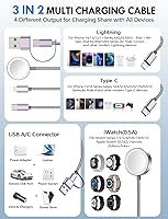 Vista 2 de Paquete de 1 cable de carga múltiple para artículos esenciales de viaje, cargador de Apple Watch, cargador de iPhone, [3 en 2] cable tipo Gris