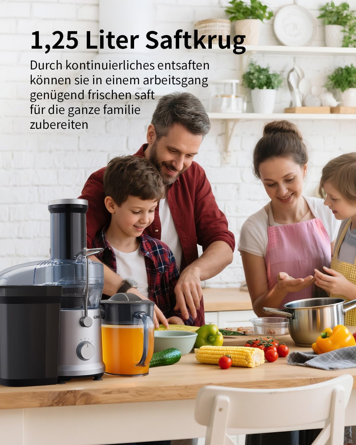 GDOR Spremiagrumi da 1300 W con cassetto extra grande da 81 mm, grande 1,25 l, spremiagrumi per frutta e verdura ad alta resa di succo, spremiagrumi, 3 velocità, facile da pulire, spazzola antigoccia