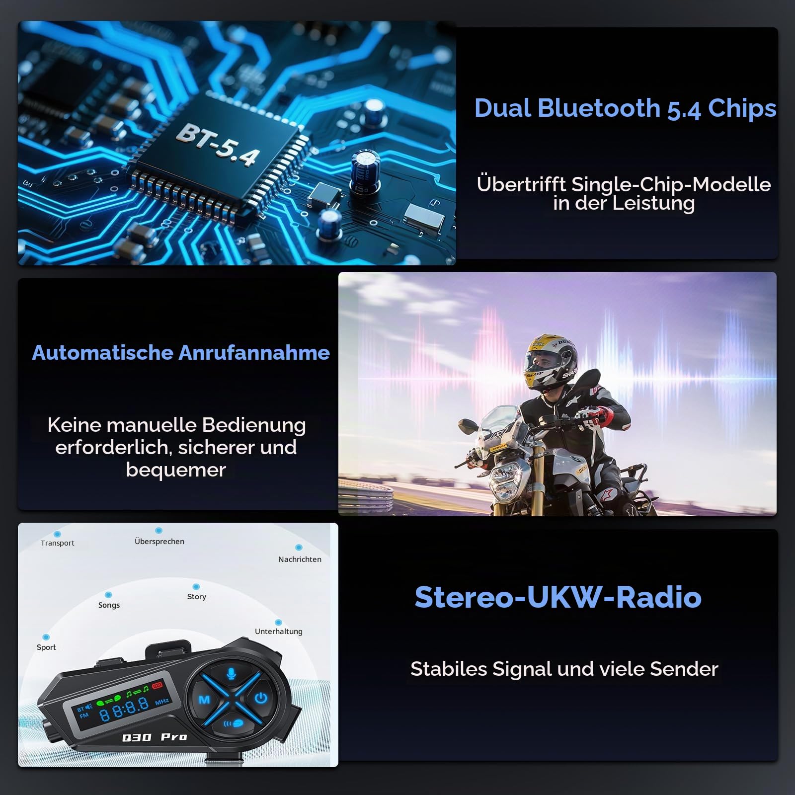 OBEST Motorrad Helm Headsets, Motorradhelm Bluetooth Intercom mit FM | Wasserdichte Helm Kopfhörer HiFi-Stereo, Kabellose Motorrad Ohrhörer Kommunikationssystem für Reiten Skifahren Reisen