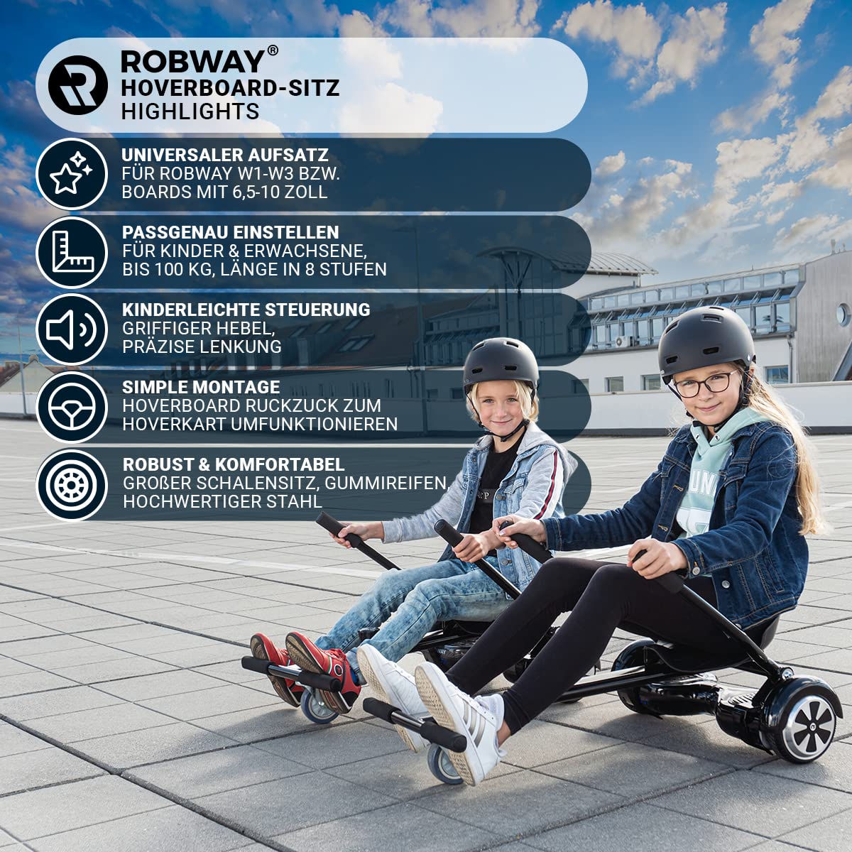 Robway Hoverkart | 𝐃𝐀𝐒 𝐎𝐑𝐈𝐆𝐈𝐍𝐀𝐋 ® - W1 W2 W3 & universal für 6,5" / 8" / 10" Boards - Hoverboard Sitz - Hoverseat - Hovercart Sitz - Gummibereifung - Kinder & Erwachsene (Schwarz)