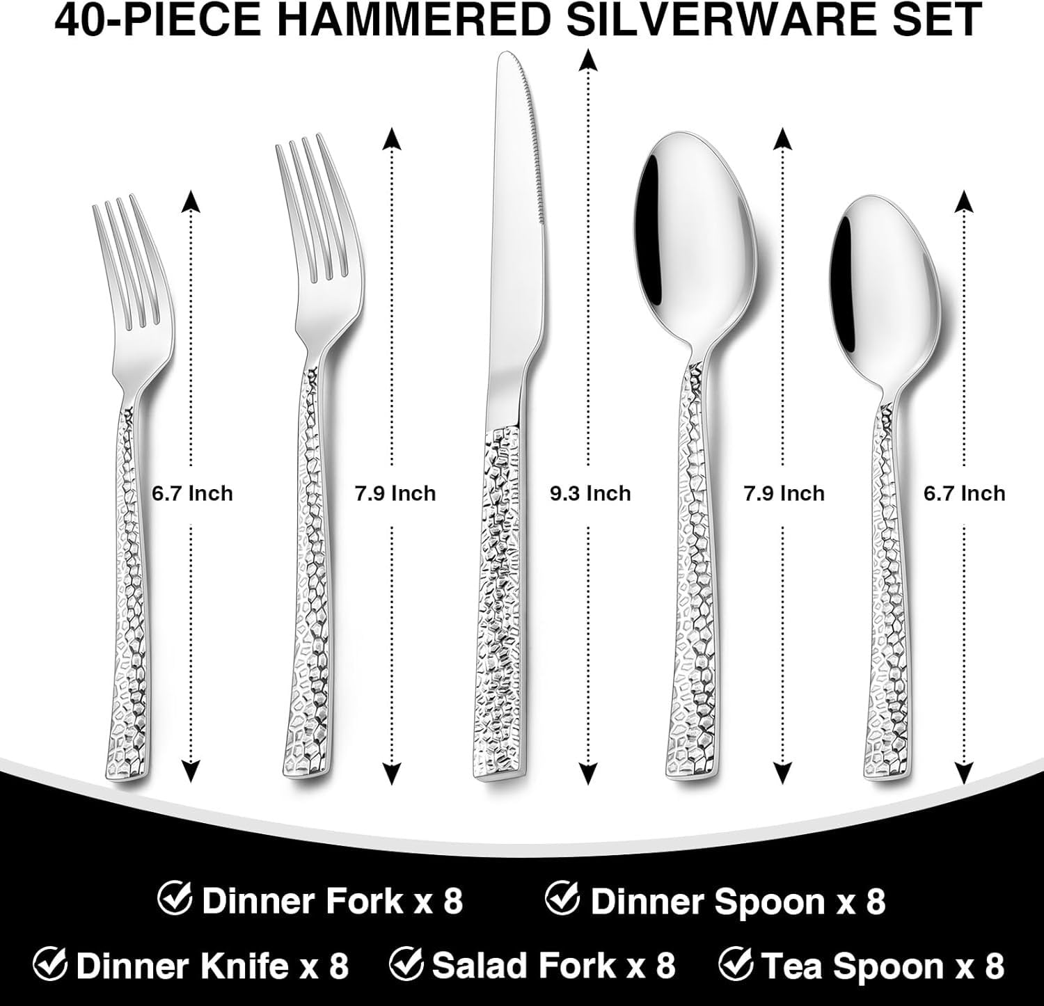 Juego de cubiertos martillados de 40 piezas de acero inoxidable cuadrado para 8, juego de cubiertos de grado alimenticio, juegos de utensilios para restaurante en casa, acabado espejo, apto para