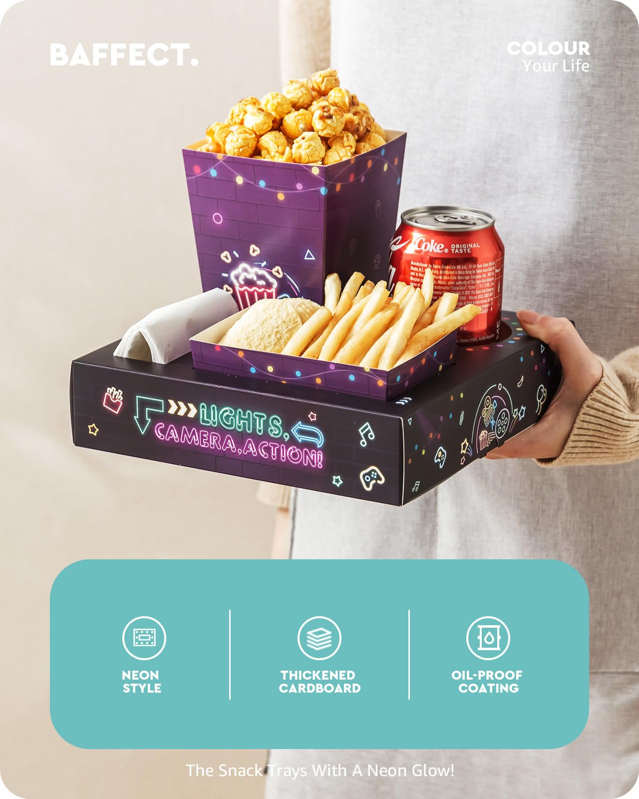 Baffect Lot de 40 plateaux à goûter Movie Night comprenant 10 plateaux néon pour soirée cinéma, 10 boîtes à popcorn, 10 saladiers, 10 invitations de fête cinéma, fournitures de soirée cinéma en plein