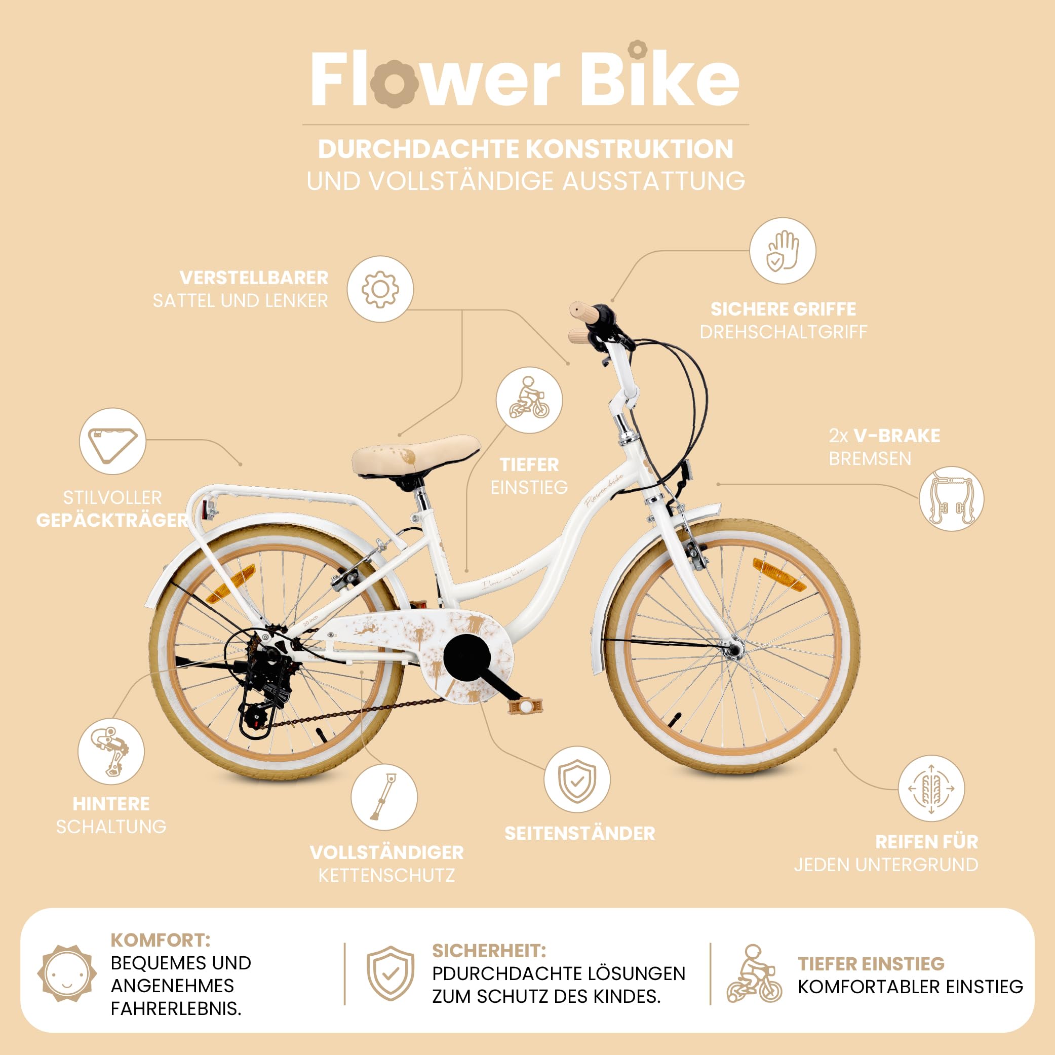 sun baby Mädchenfahrrad 20 Zoll Flower Bike Radgröße zur Auswahl 6 Gang Shimano Kinderfahrrad Kinderrad für Mädchen von 6 bis 10 Jahre verstellbare