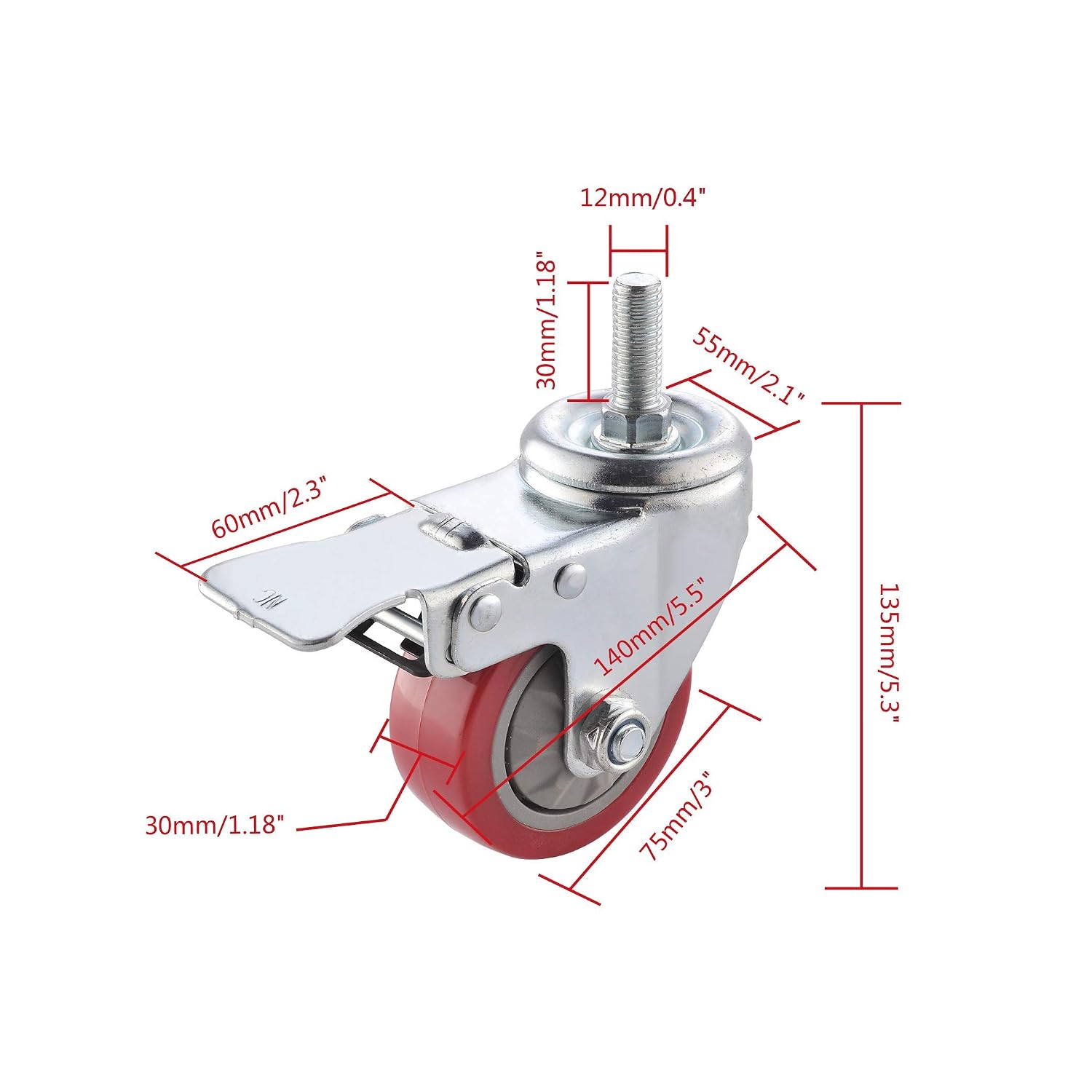SungMi 4 Pack 3" Heavy Duty Caster Wheels PVC Threaded Stem Swivel Casters with 360 Degree Red Wheels(2 with Brakes& 2 without) Nuts Included SM-AMS-240006