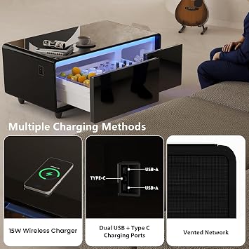Smart Coffee Table with Fridge and Bluetooth, LT90 Upgraded-Black