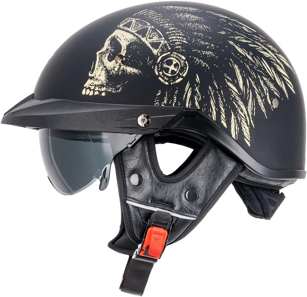 Half Helmets Motorcycle VHF04 Open Face Sun Visor Quick Release Buckle Adjustable DOT Approved Cycling Retro Cruiser Pilot Helmets for Unisex-Adults (Matte Indian