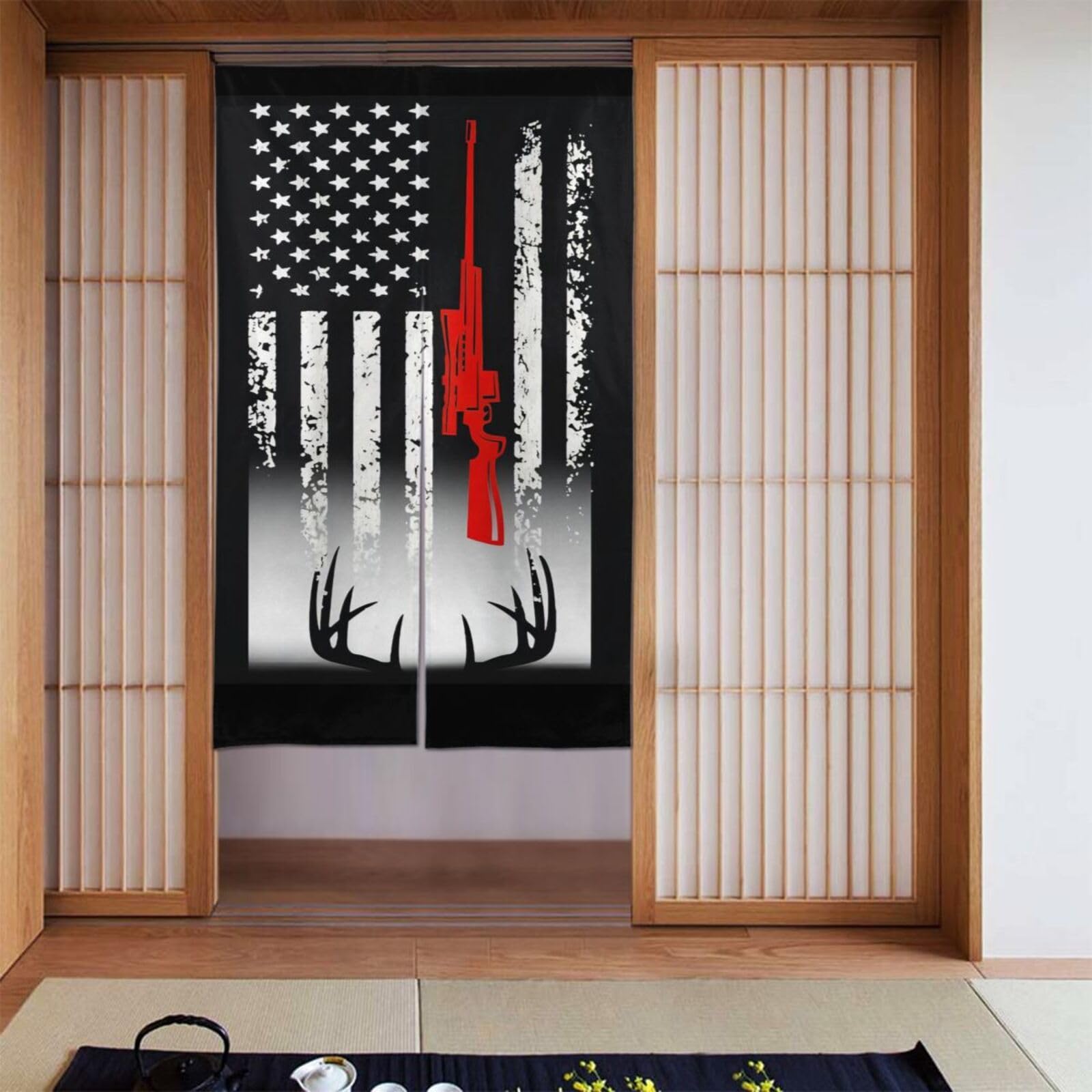 Lukiyys Retro Deer Hunting American Flag with Gun Door Curtains,Doorways Curtains for Windows,Bedroom Divider 34"X 56"