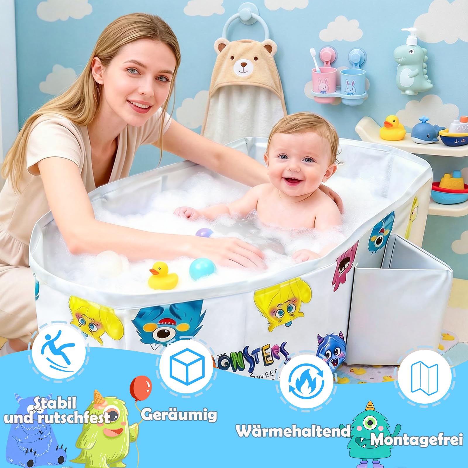 Baby Badewanne,Großraum Babywanne,Baby wanne im Monsterchen Motiv,Platzsparende Babybadewanne Faltbar,Tragbare badewanne kinder,Kinderbadewanne mit Ablassschraube für Kinder von 0-8 Jahre
