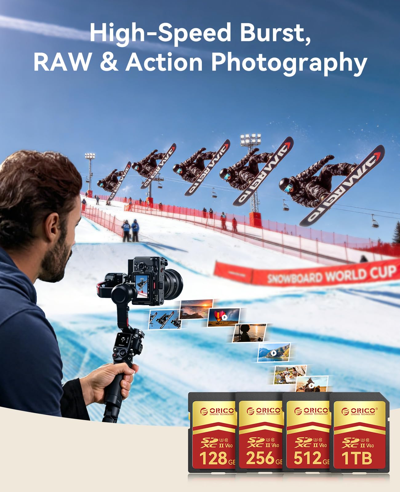ORICO 128 GB SD-Karte, UHS-II, C10, U3, V60, 4K UHD, Full HD, bis zu 290 MB/s Lesegeschwindigkeit, SDXC-Speicherkarte für professionelle Fotografen und Content Creator – SD60