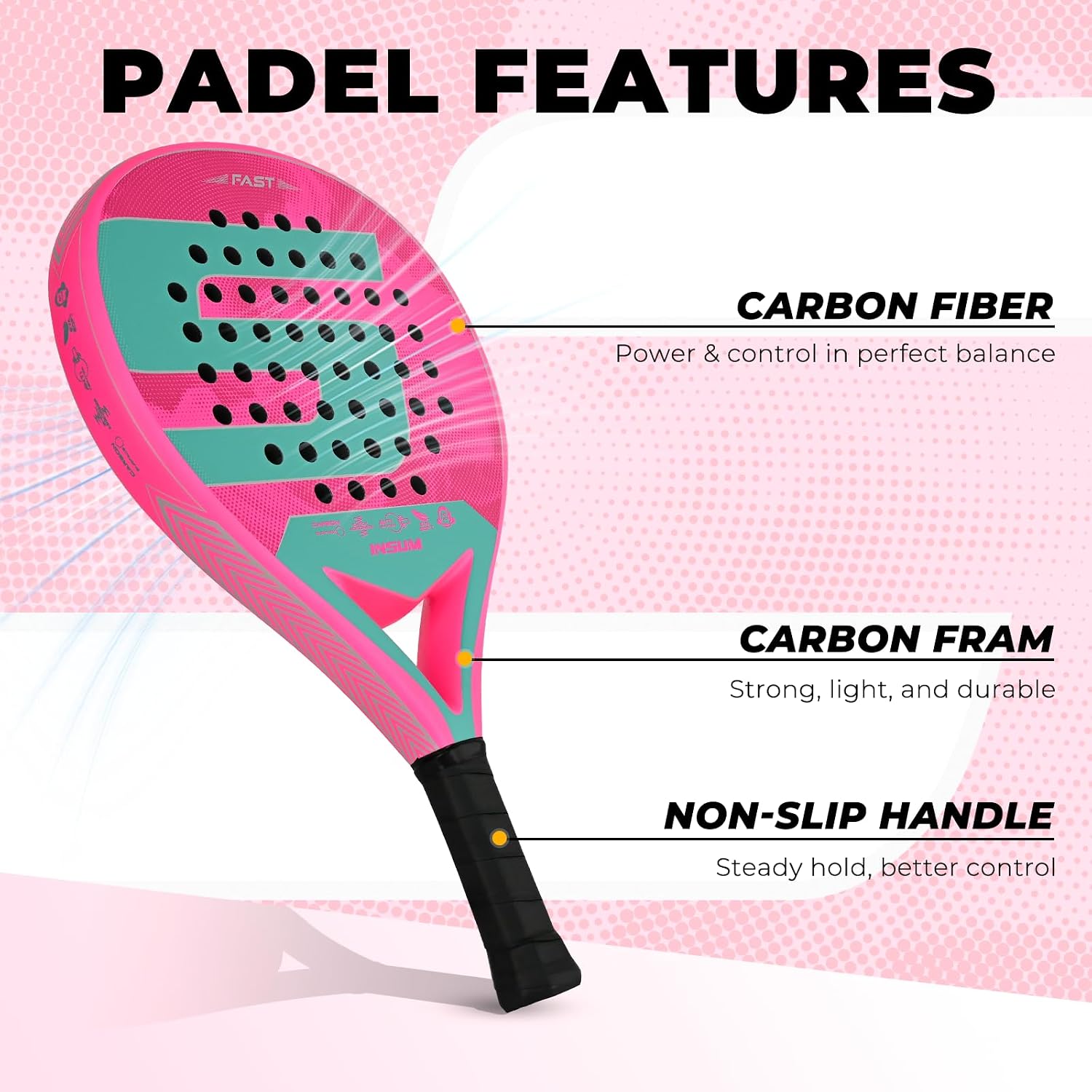 INSUM Round Padel Racket, Carbon Fiber Face with EVA Soft Core, Large Sweet Spot for Accuracy, Lightweight Non-Slip Grip, Control Performance Gear for Beginner to Intermediate Players (Pink)