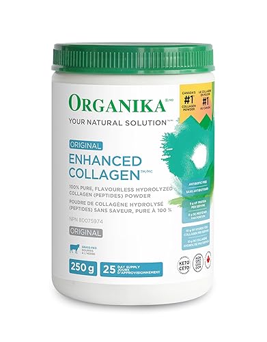 Organika Canadian-Made Enhanced Collagen Powder - for Healthy Hair, Skin, Nails, and Joints. Hydrolyzed Protein Peptides for Better Absorption- Grass-Fed, Non-GMO- Unflavoured- 250g - Unflavored - 250g