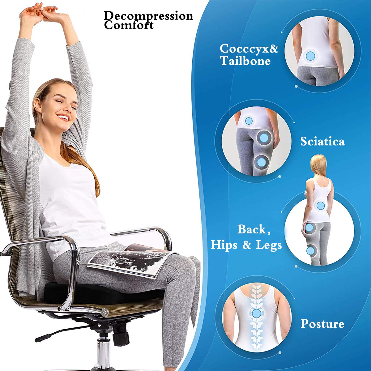Cojín del Asiento Cojin Ortopédico de Espuma de Memoria Cojines Sillas Ergonomico Cojin Coxis Transpirable Cómodo para la Oficina Casa Coche Silla de Ruedas Gris