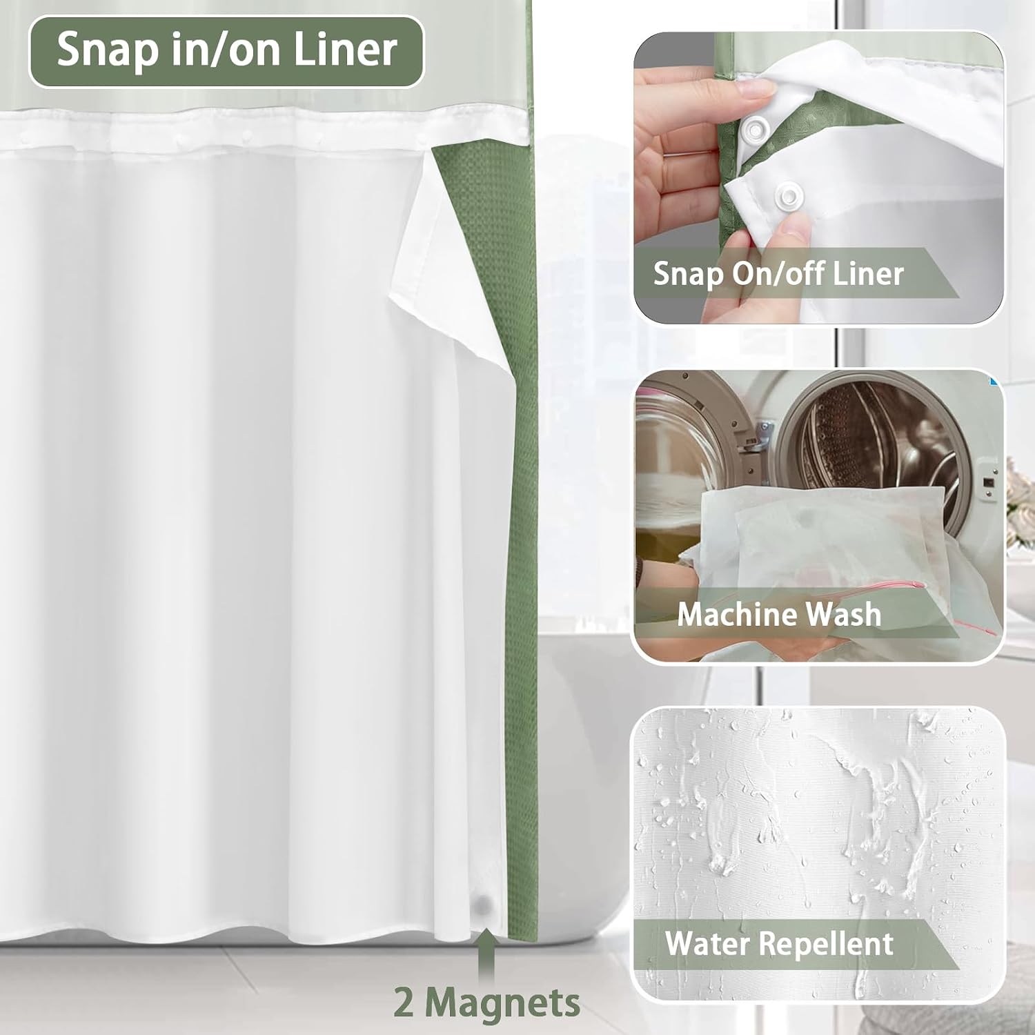 No Hook Shower Curtain with Liner Set Hotel Waffle Curtain Green 72W X 75L image 4