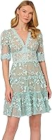 Adrianna Papell Women's Lace Embroidery A-Line Cocktail Dress - V-Neck Sheer Sleeves, Empire Waist Wedding Guest Gown