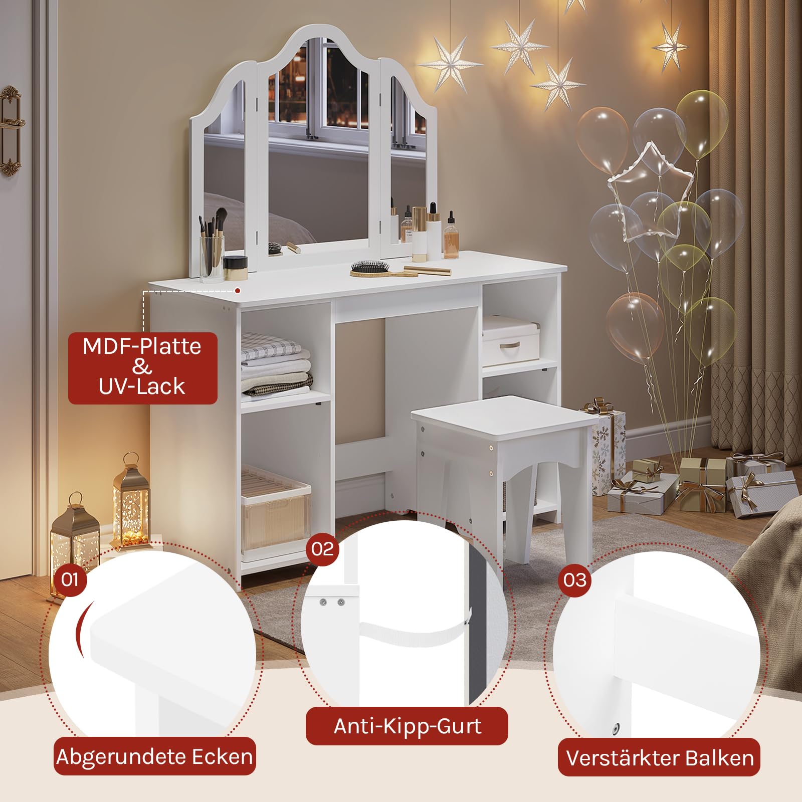 WOLTU Kinder Schminktisch mit Hocker Spiegel, Abnehmbarer Dreifachspiegel, Kleiner Frisiertisch mit 4 offenen Fächern, verstellbare Einlegeböden, Mädchen Kosmetiktisch, weiß, MDF, MB6120ws