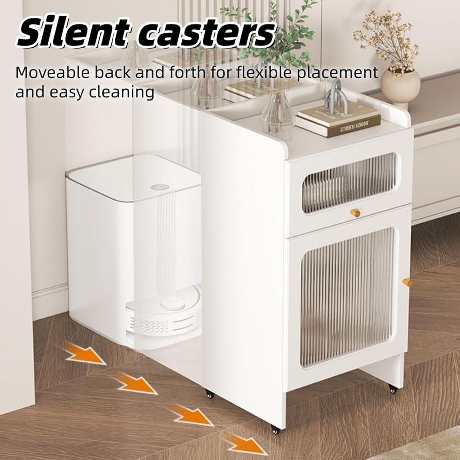 Robot Vacuum Storage Cabinet with Tempered Glass Door - Space-Saving Self-Emptying Sweeper Rack for Living Room - Modern White Design, Compact Size for Small Spaces