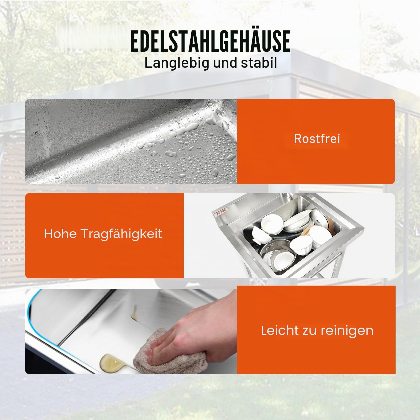 VEVOR Edelstahl-Waschbecken, Freistehendes Waschbecken, inkl. Wasserhahn und Beinen, 41 x 33 x 22 cm Kommerzielle Einzelwaschbecken für Garage, Restaurant, Küche, Gewerbliche Spülbecken