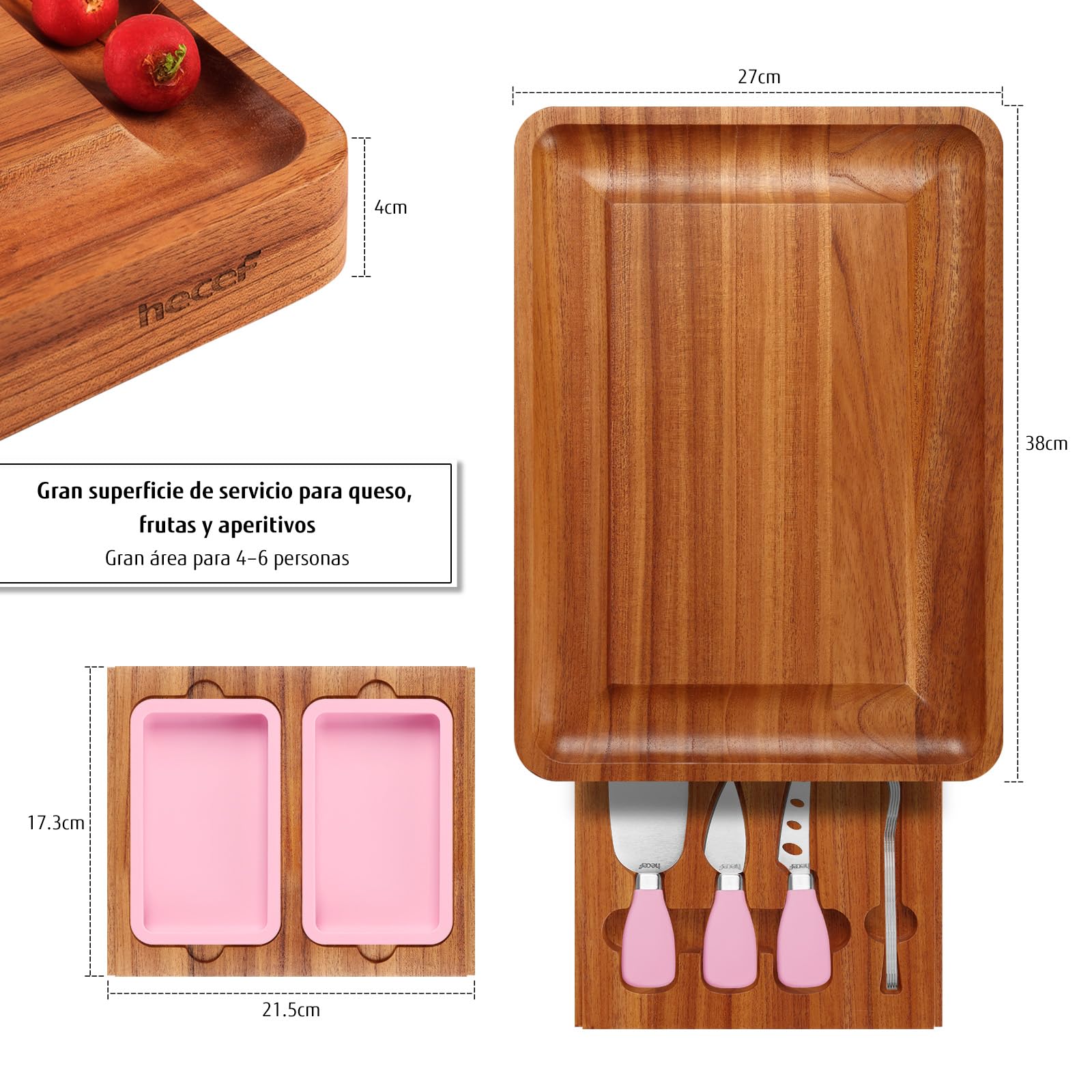 hecef Tabla de quesos Grande de Madera con Accesorios, 2 cajones