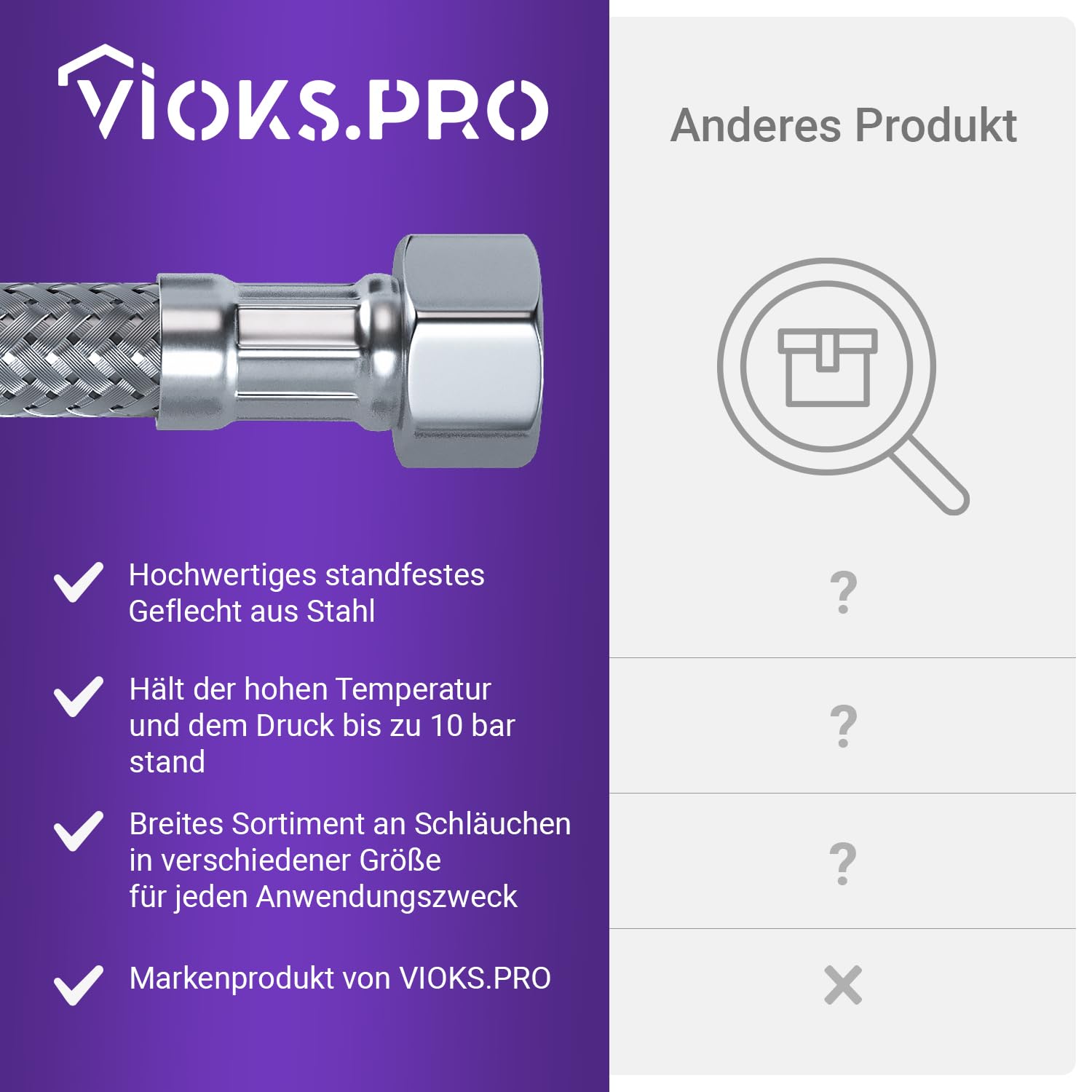 Viоks.pro 100 cm tubo di collegamento 3/8 pollici ÜM x M10 in acciaio inox – Tubo doccia 1 m tubo in gomma intrecciato – Tubo flessibile per rubinetto 3/8 pollici