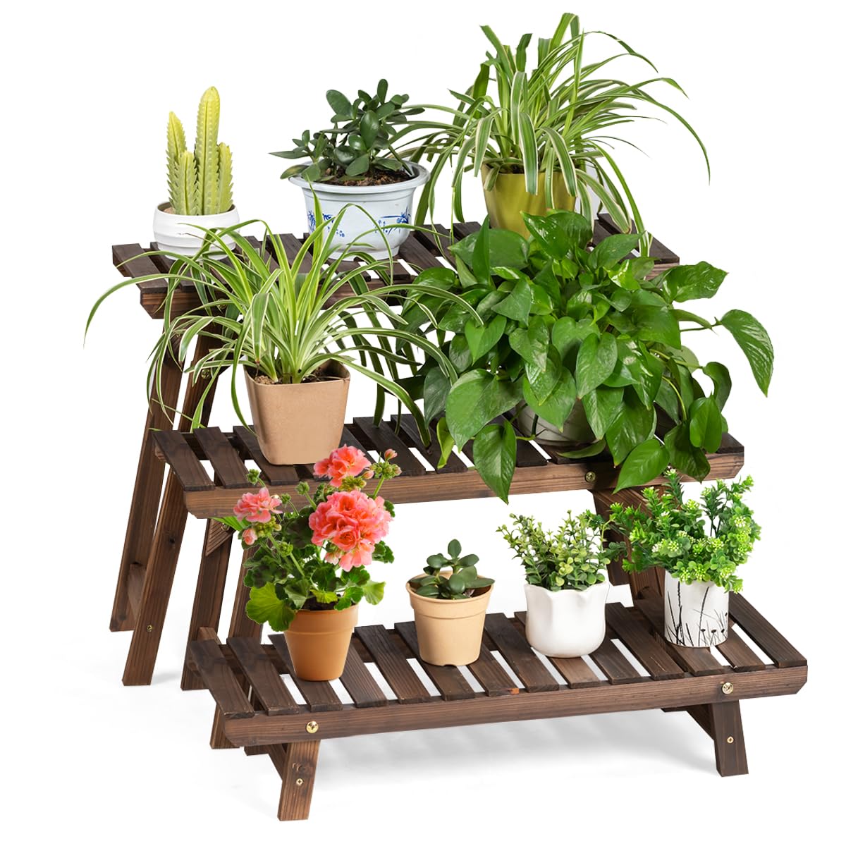 Étagère pour plantes en bois à 3 Etagères Interieur et extérieur, Support Plantes, Présentoir, Porte Plantes, Piédestal à Echelle pour Salon Balcon Terrasse Jardin