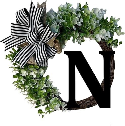 Corona de 12 pulgadas para puerta delantera con lazo, letreros de bienvenida, guirnalda personalizada de 26 letras para puerta delantera del hogar