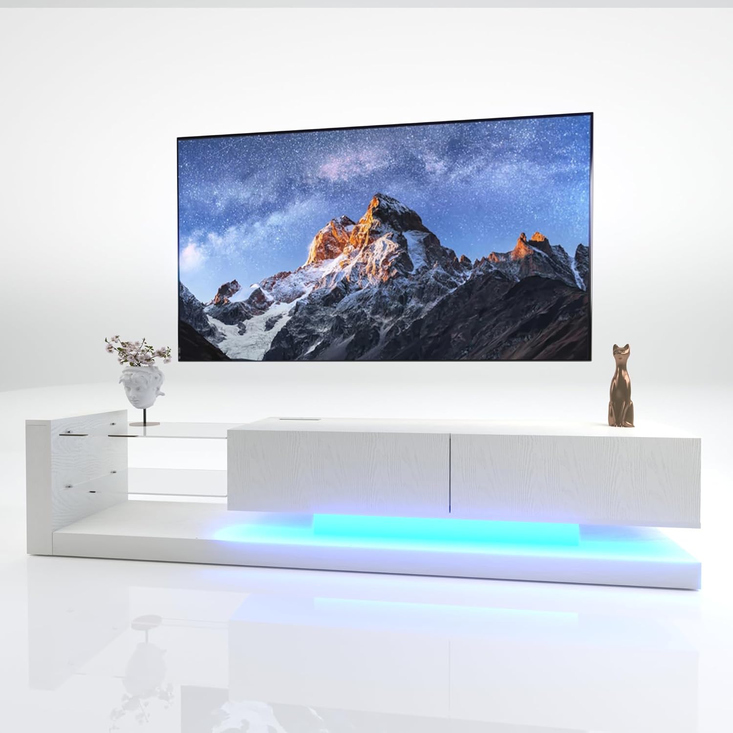 LED TV Stand for 50 55 65 70 75 inch TV, Modern Entertainment Center with Open Storage and 2 Storage Cabinet, TV Console Table for Living Room, White