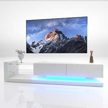 LED TV Stand for 55 65 75 Inch TV, Entertainment Center Equipped with Two Pull-Down Door, 50 60 70 Inch TV Console Gaming Media Console with Tempered Glass and Power Cord for Living Room, White