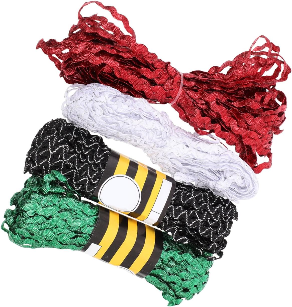 NUOBESTY 4 Rolls 15-Yard Wave Bending Rickrack Ribbon Trim 5mm for Sewing and Flower Making Crafts, Red Green White Black-White Colors, DIY Floral Decoration for Clothing and Wrapping