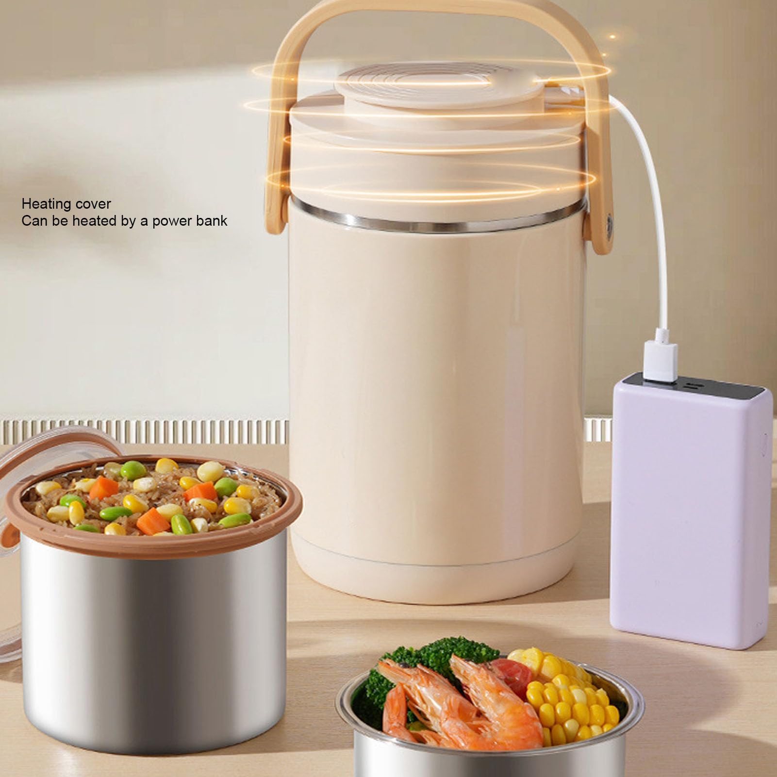 Scatola Pranzo Riscaldabile USB Portatile, 1.6L Pentola Interna in | Cottura a Vapore Senza Acqua, Coperchio Ermetico Antigoccia, Mantiene il Calore a 60°C, Compatto per il Tragitto quotidiano.