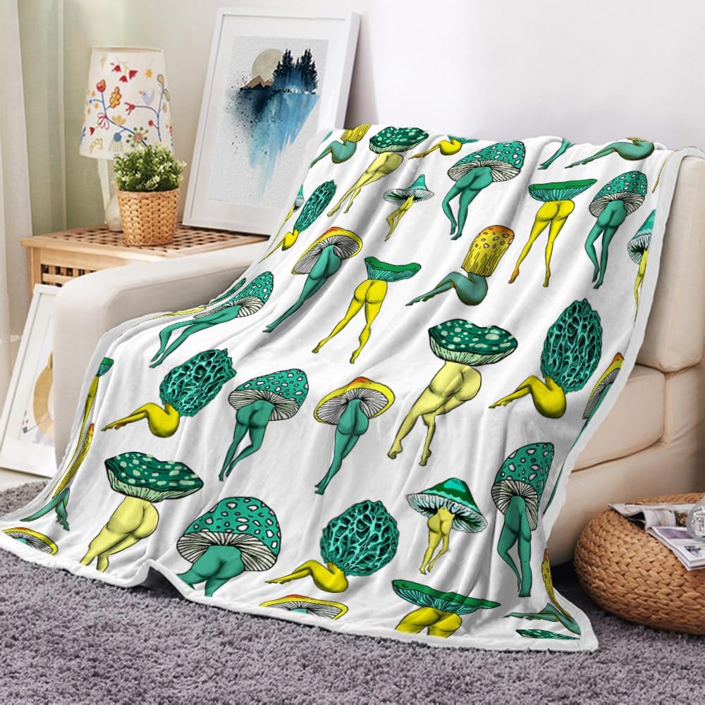 Funny Mushroom Butt Throw Blanket, Fun Cute Sexy Butt 70S 80S Fleece Flannel Black Blanket， Hippie Psychedelic Aesthetic Colorful Unique Cool Soft Blanket for Bed Couch Sofa 60"X80"