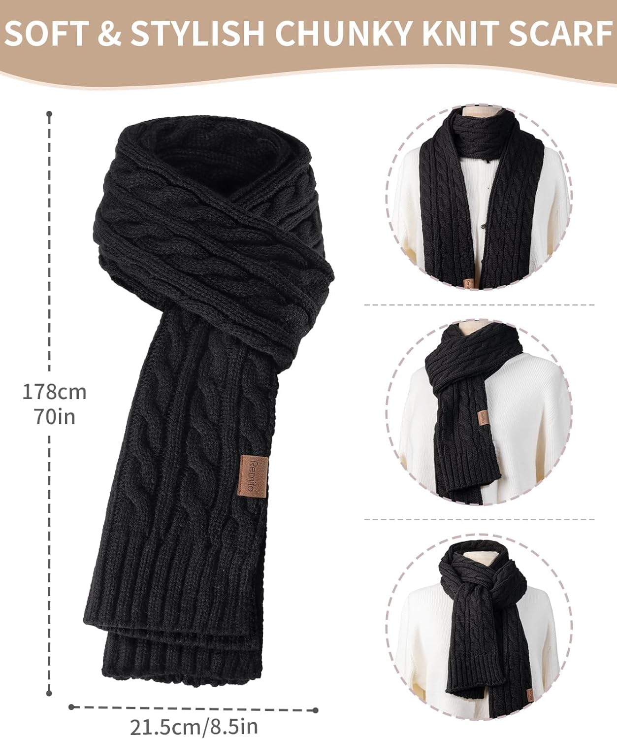 Remifa Winter Hat Scarf Gloves Set for Women, 3 PCS Pom Pom Beanie Hat Touchscreen Glove Long Neck Kint Scarf Christmas Gifts - Image 3