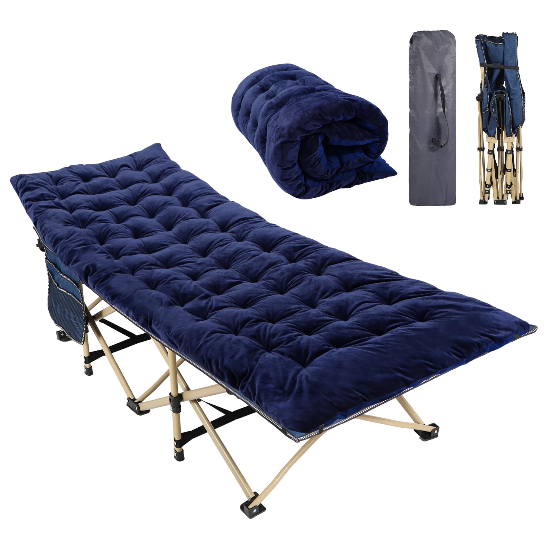 REDCAMP Folding Camping Beds for adults Stronge Thicker, Heavy Duty Tubes Sturdy Camp Bed with Mattress, XL Sleeping Cot for Outdoor Travel Office (Navy Blue Camping Bed+Blue Mattress Thicker)