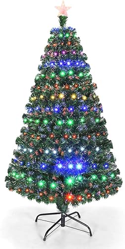 Árbol de Navidad preiluminado, árbol de Navidad artificial con estrella superior, 230 luces de fibra óptica, 6 colores de luz y 8 modos de luz,