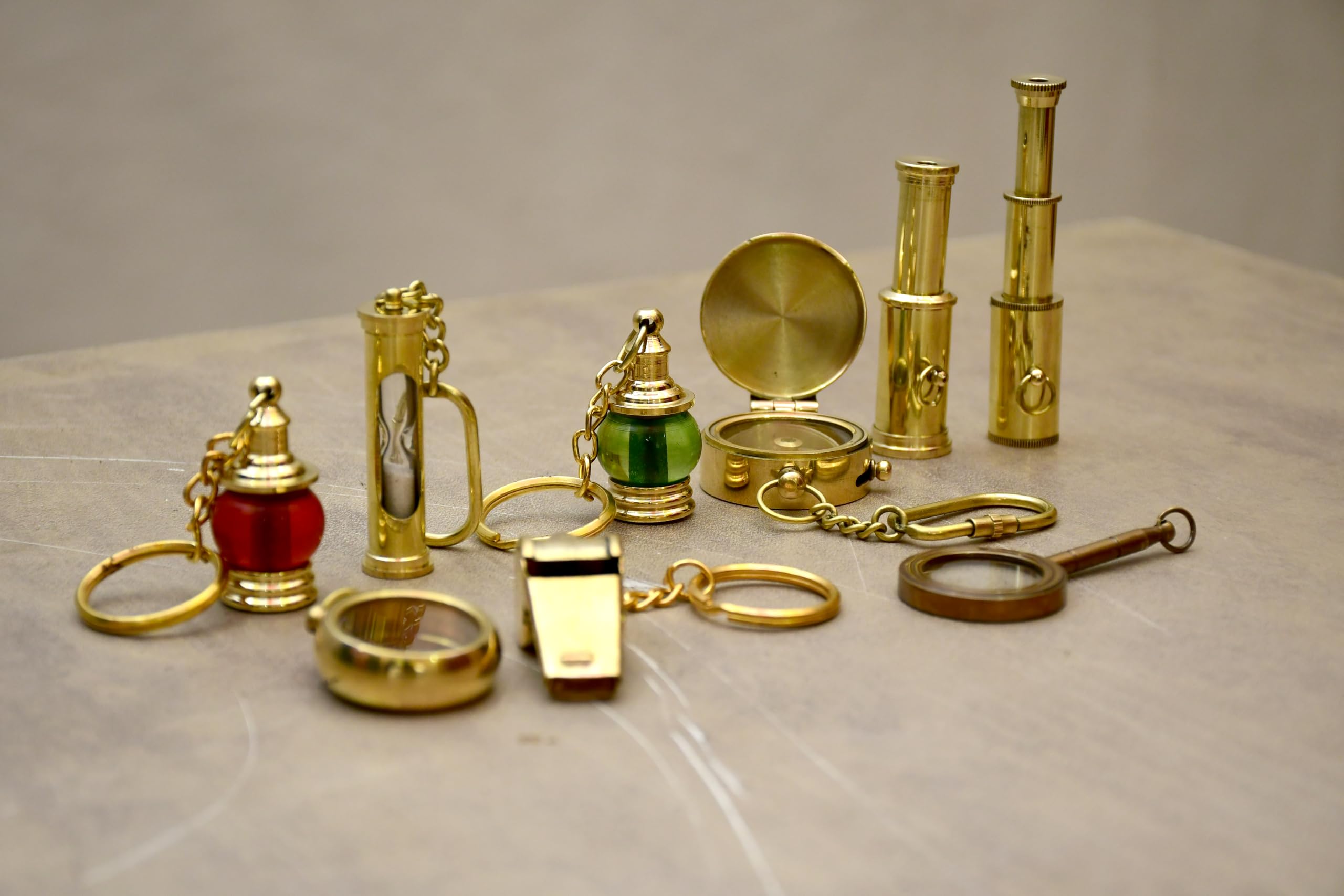 Vintage Collectible Gifts Set Miniature Telescope, Magnifineglass, Wistle, Mini Timer, Compass, Mini Lamp Outfit, for Kids, Travellers, Adventure Nautical Decor