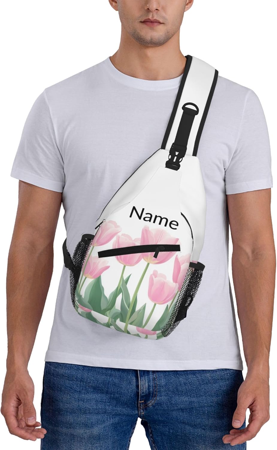 SUPLUCHOM Custom Sling Bag With Name Tulip Flower Personalized Hiking Daypack Customized Crossbody Shoulder Backpack Travel Chest Pack for Men Women