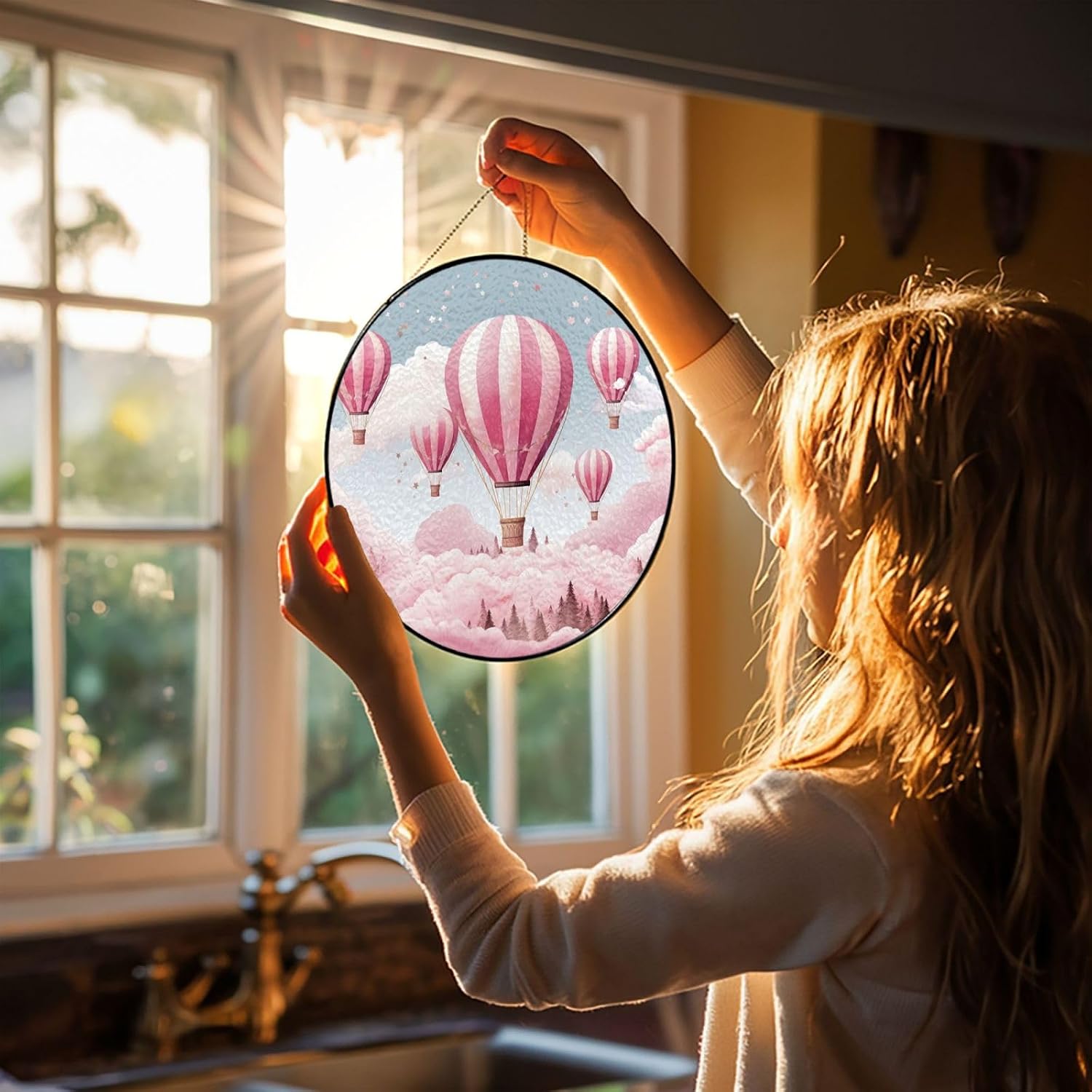 Stained Glass Window Hanging 6in（15cm）, Hot Air Balloon Glass Suncatcher for Home Decor, Indoor Wall Art Glass Panel with Metal Chain and Hooks, Sun Catcher Ornament Birthday Gifts