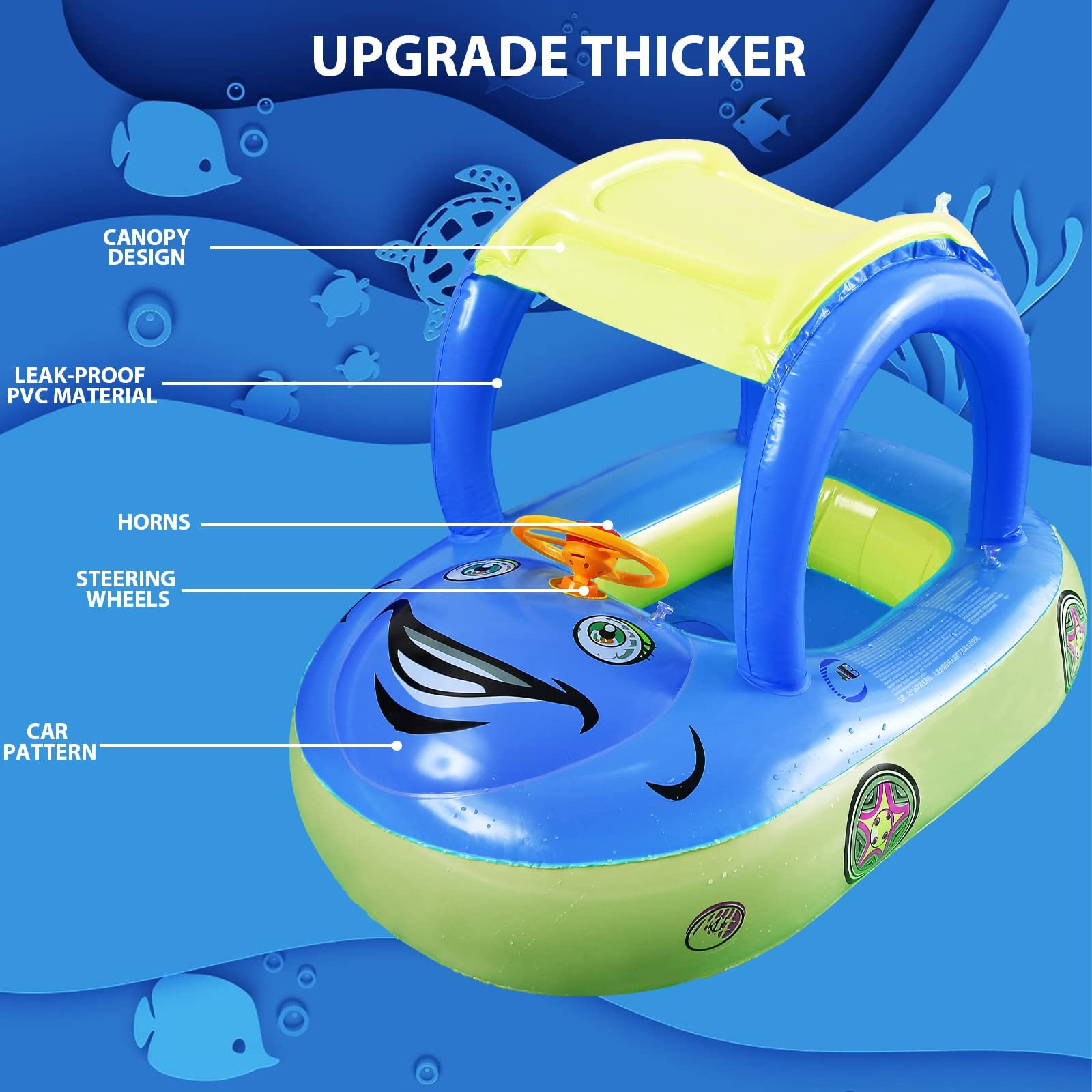 Flotador inflable para piscina con dosel para bebé, con forma de coche, para bebés, barco flotante con parasol, asiento de seguridad para niños pequeños, anillo de natación, piscina, flotadores (azul