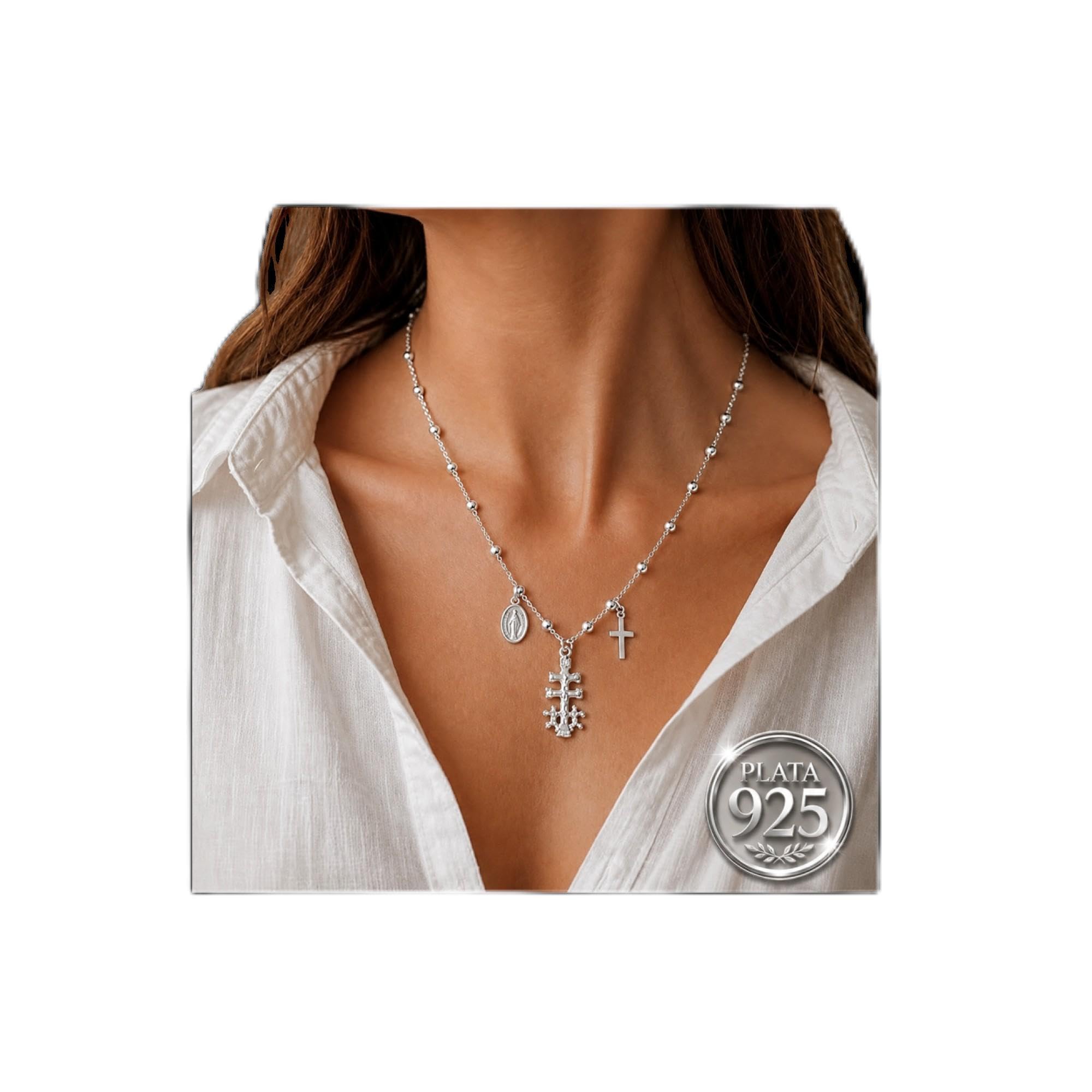 Gargantilla Plata 925 Triple Protección Mujer con Bola Intercalada – Cruz de Caravaca, Virgen Milagrosa y Cruz Clásica – Hecha a Mano en España